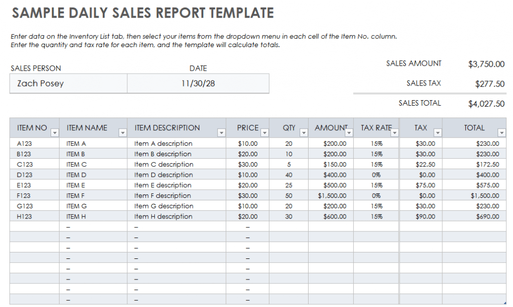 Mẫu báo cáo bán hàng hàng ngày bằng Excel